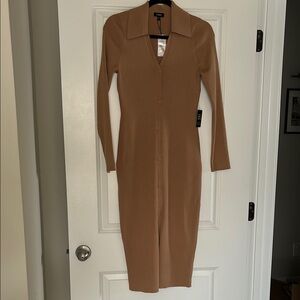 Camel Long Sleeve Button-Up Dress